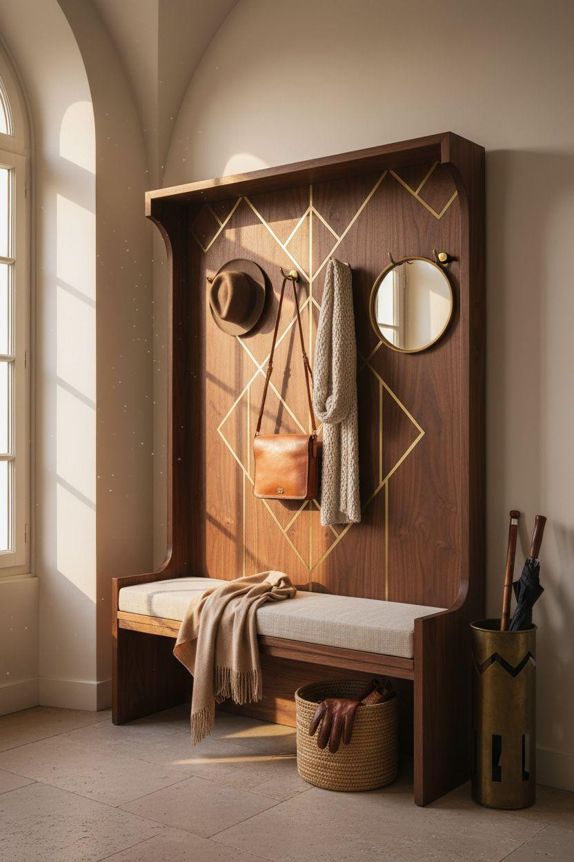 Hall Tree Entryway featuring Art Deco brass inlay on dark walnut