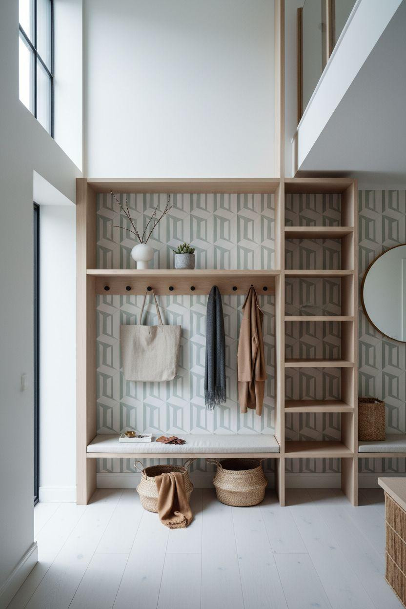 Hall Tree Entryway with pale oak and soft sage geometric wallpaper