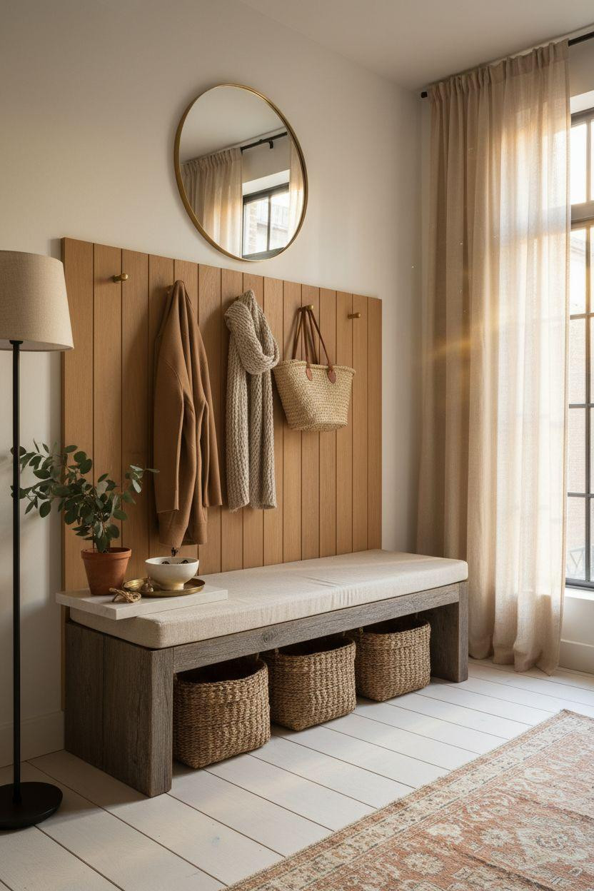 Hall Tree Entryway with weathered reclaimed wood and brass mirror