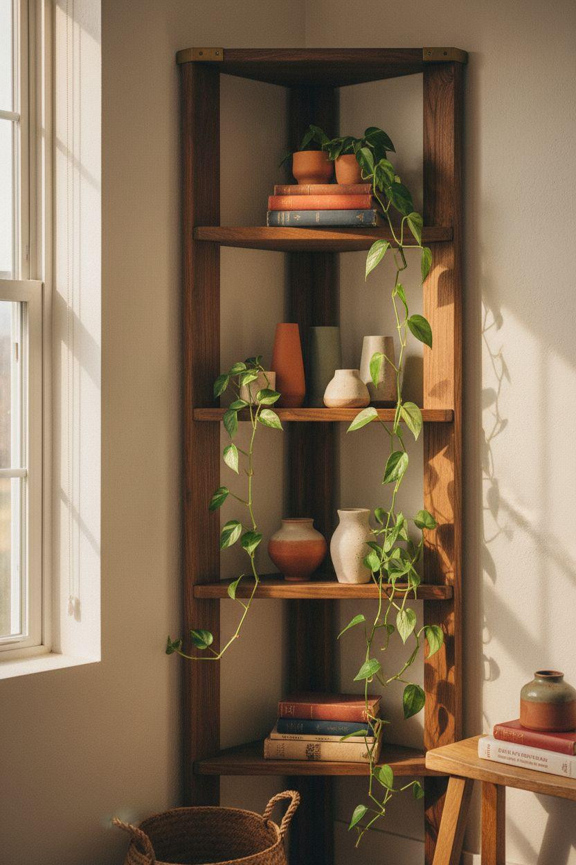 Corner bookshelf - handcrafted ladder shelf with brass brackets