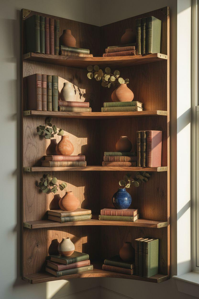 Corner bookshelf - handcrafted walnut with brass corner brackets