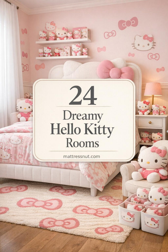 Soft blush pink walls with white wainscoting frame a twin bed featuring plush white headboard and oversized Hello Kitty bow. Coordinating pink and white bedding with character motifs, nightstand displaying collectible figures, floating shelves with merchandise and books, plush toys on bed and reading nook, cream rug with pink bow pattern, sheer curtains, wall decals, white reading chair with pink pillow, and organized white bins with Hello Kitty labels in a playful refined aesthetic.