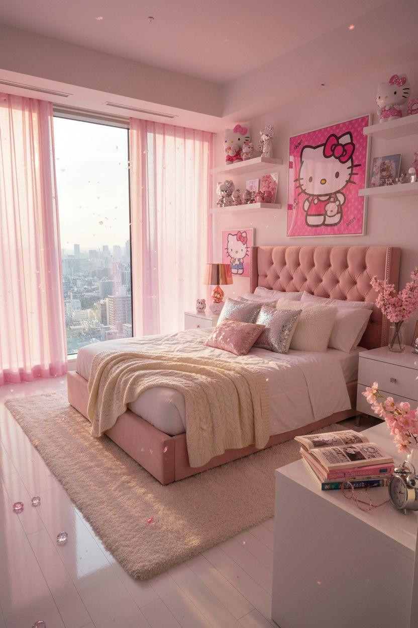 Hello Kitty Room - panoramic view with metallic rose gold bow wall installation