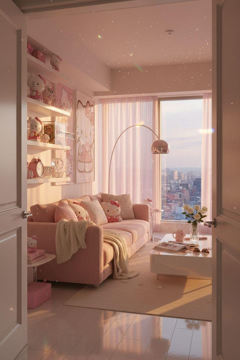 Hello Kitty Room - living room with open shelving and Sanrio collectibles