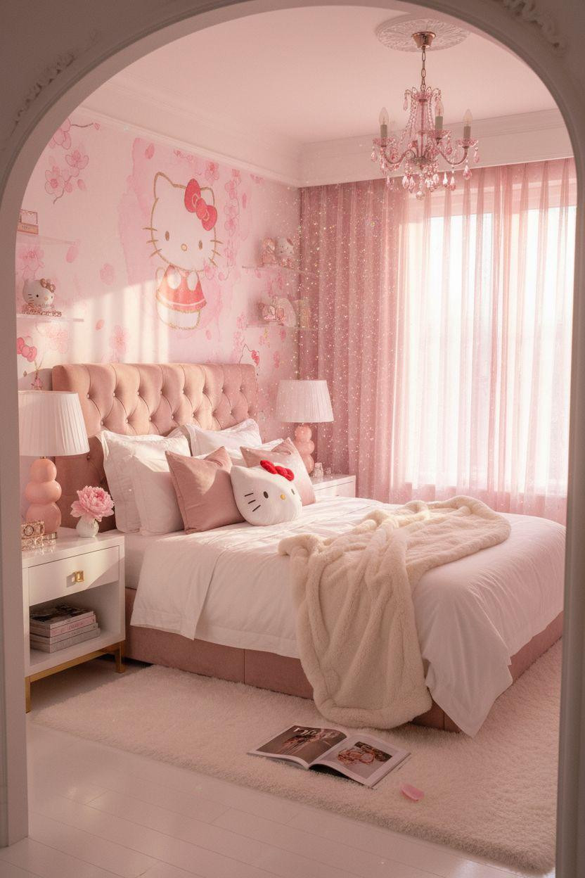 Hello Kitty Room - dreamy penthouse bedroom with pink velvet headboard and crystal details