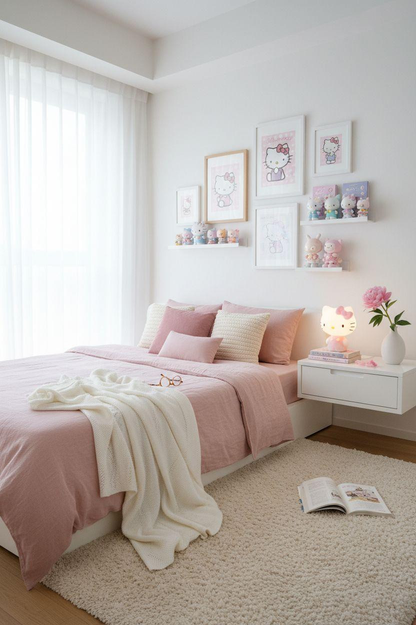 Hello Kitty Room - airy Scandinavian bedroom with pastel gallery wall and natural light