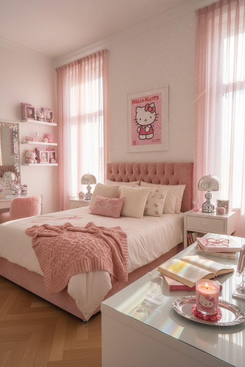 Hello Kitty Room - soft watercolor mural with vintage art and oak floors