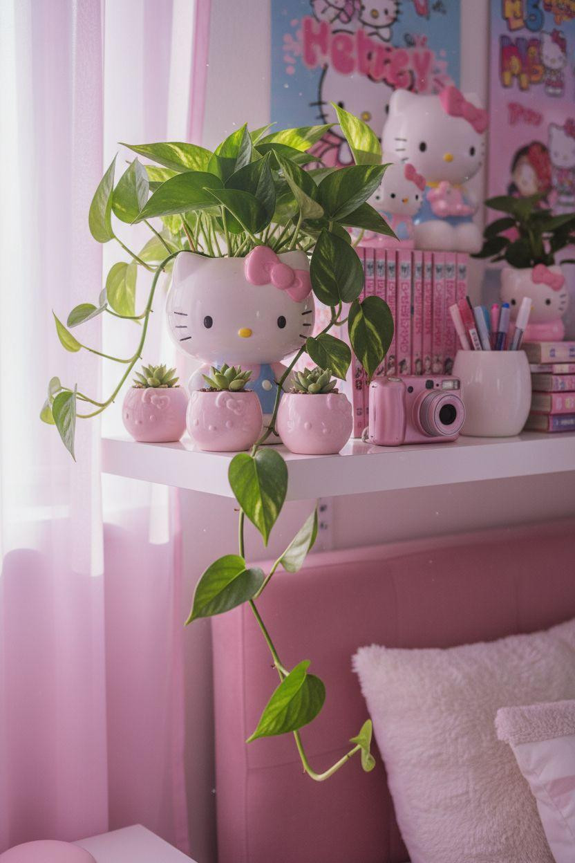 Hello Kitty Room - vintage collectibles with trailing pothos plants and Y2K aesthetic