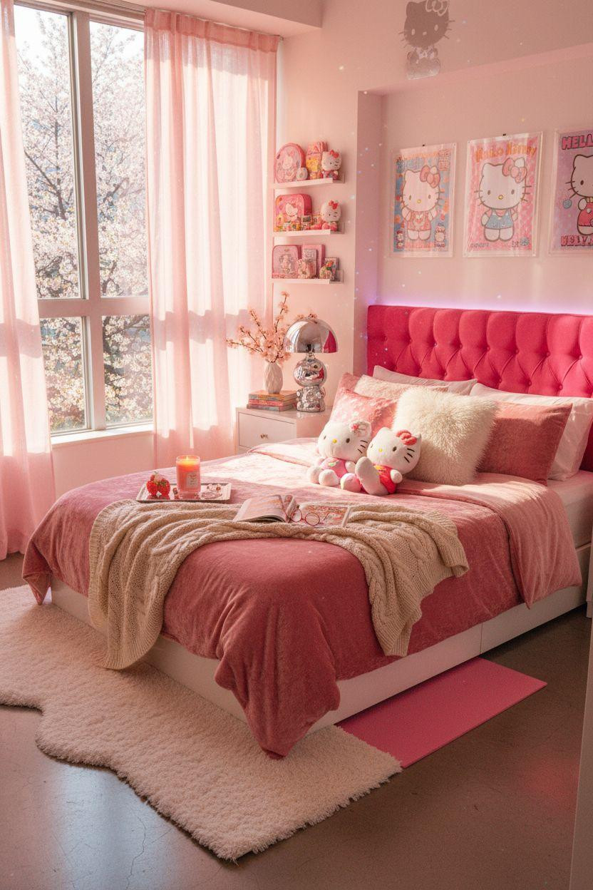 Hello Kitty Room - hot pink maximalist bedroom with chrome Hello Kitty collectibles