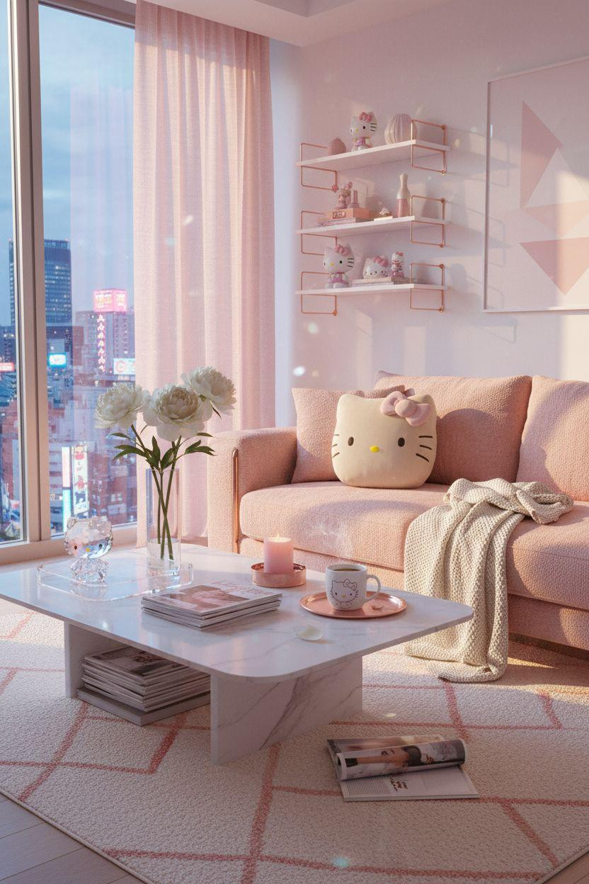 Hello Kitty Room - minimalist Tokyo apartment with rose gold metallic accents