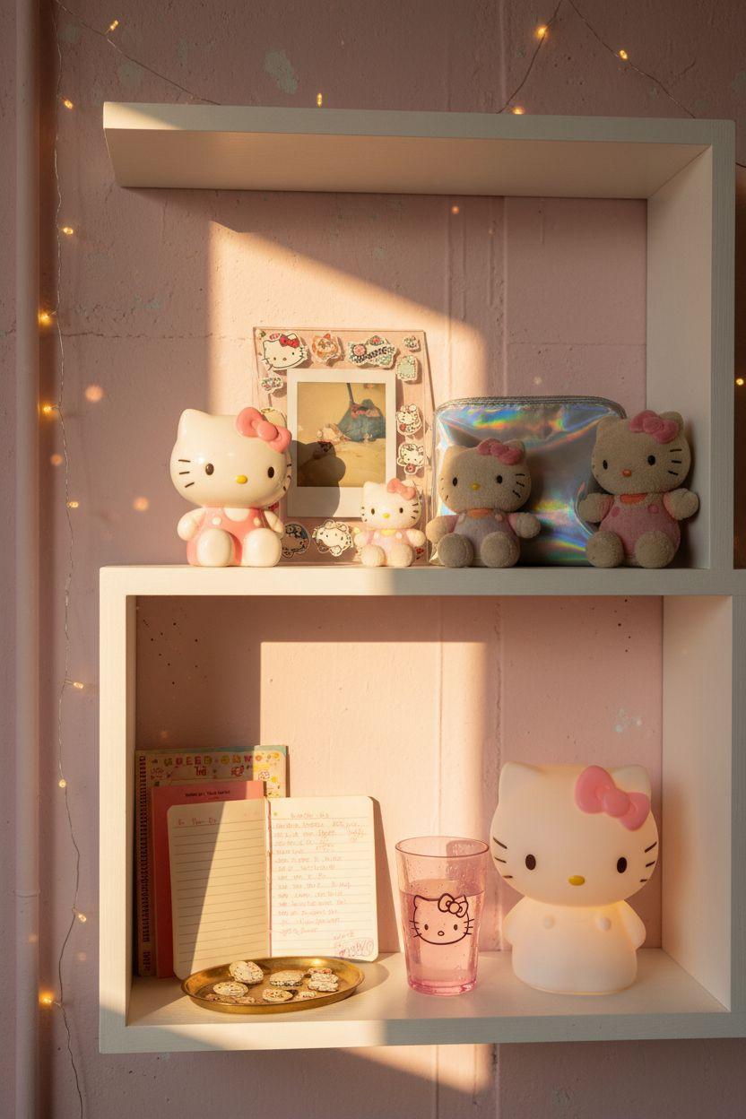 Hello Kitty Room - vintage collectibles on white oak floating shelves with patina details