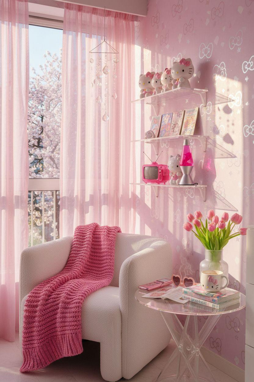 Hello Kitty Room - geometric shadows and holographic wallpaper with prism light