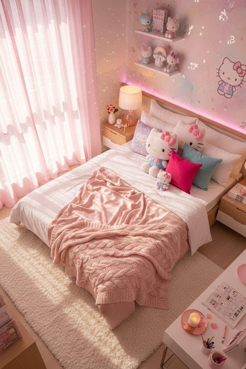 Hello Kitty Room - overhead styling shot with layered pillows and Sanrio plushies
