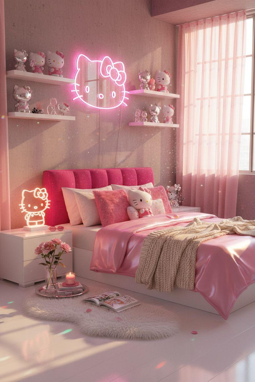 Hello Kitty Room - hot pink neon sign with Y2K aesthetic and chrome accents