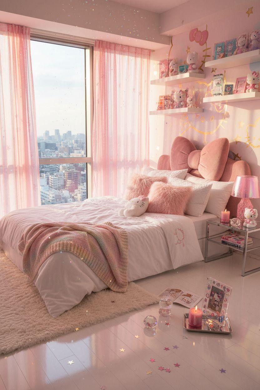 Hello Kitty Room - bow-shaped headboard with Y2K maximalist styling and chrome details