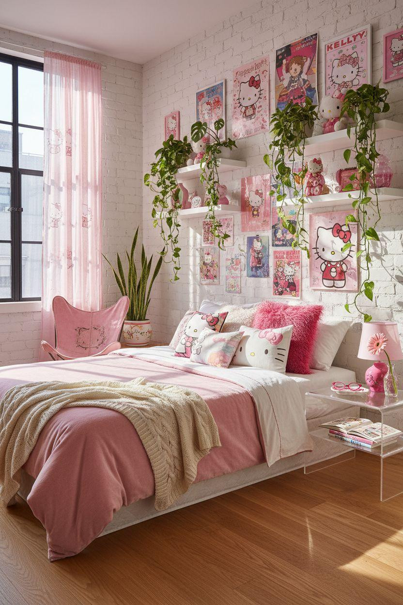 Hello Kitty Room - exposed brick loft with trailing plants and Y2K poster gallery