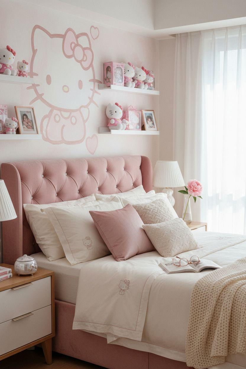 Hello Kitty Room - blush pink velvet bed with brass geometric details and minimalist aesthetic