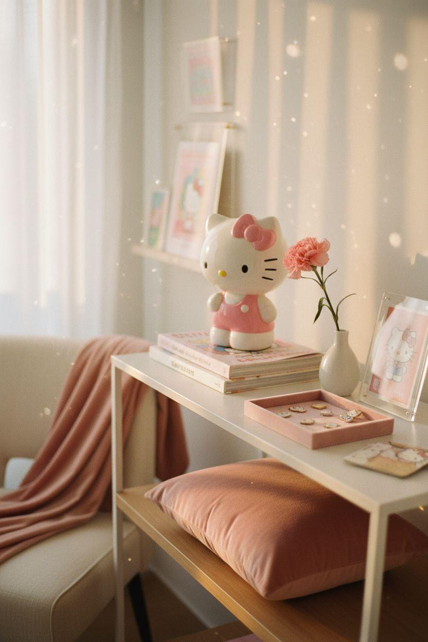 Hello Kitty Room - minimalist Sanrio corner with blush velvet and clean lines