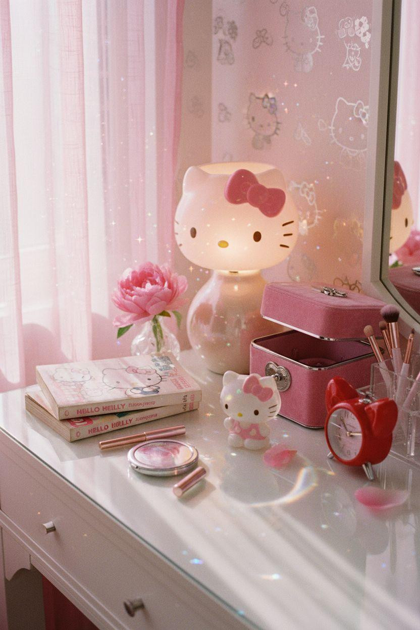 Hello Kitty Room - Y2K vanity corner with holographic compact and rose gold accents