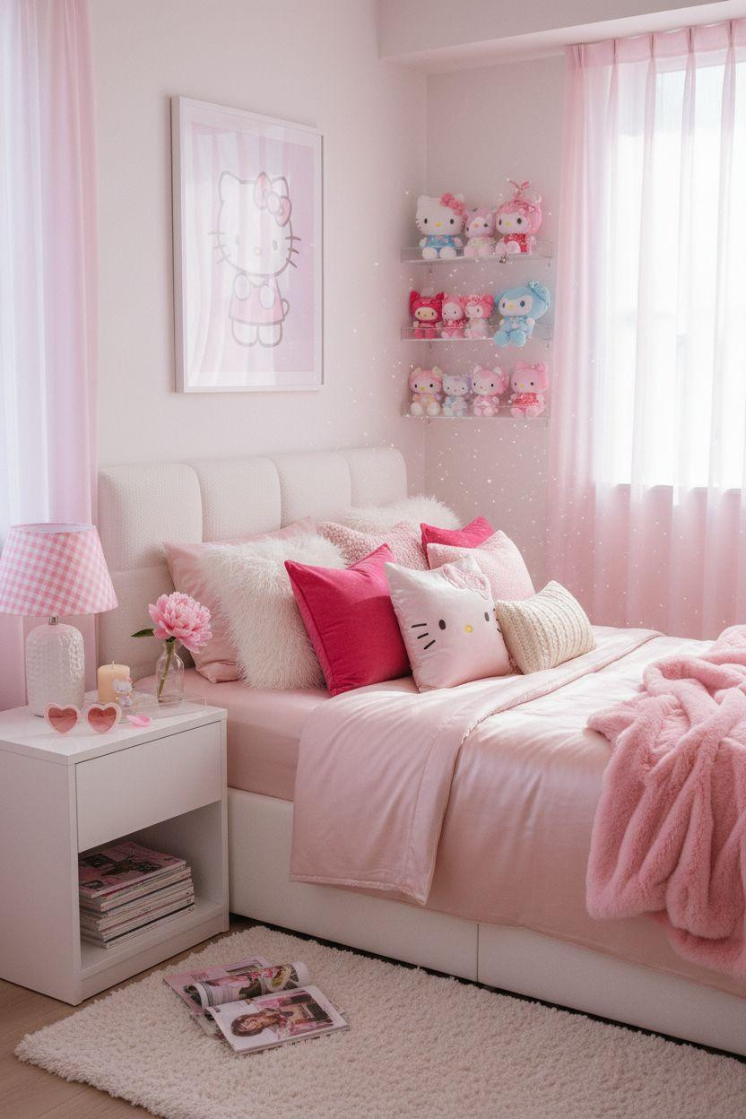 Hello Kitty Room - hot pink satin duvet with chrome accessories and Y2K aesthetic