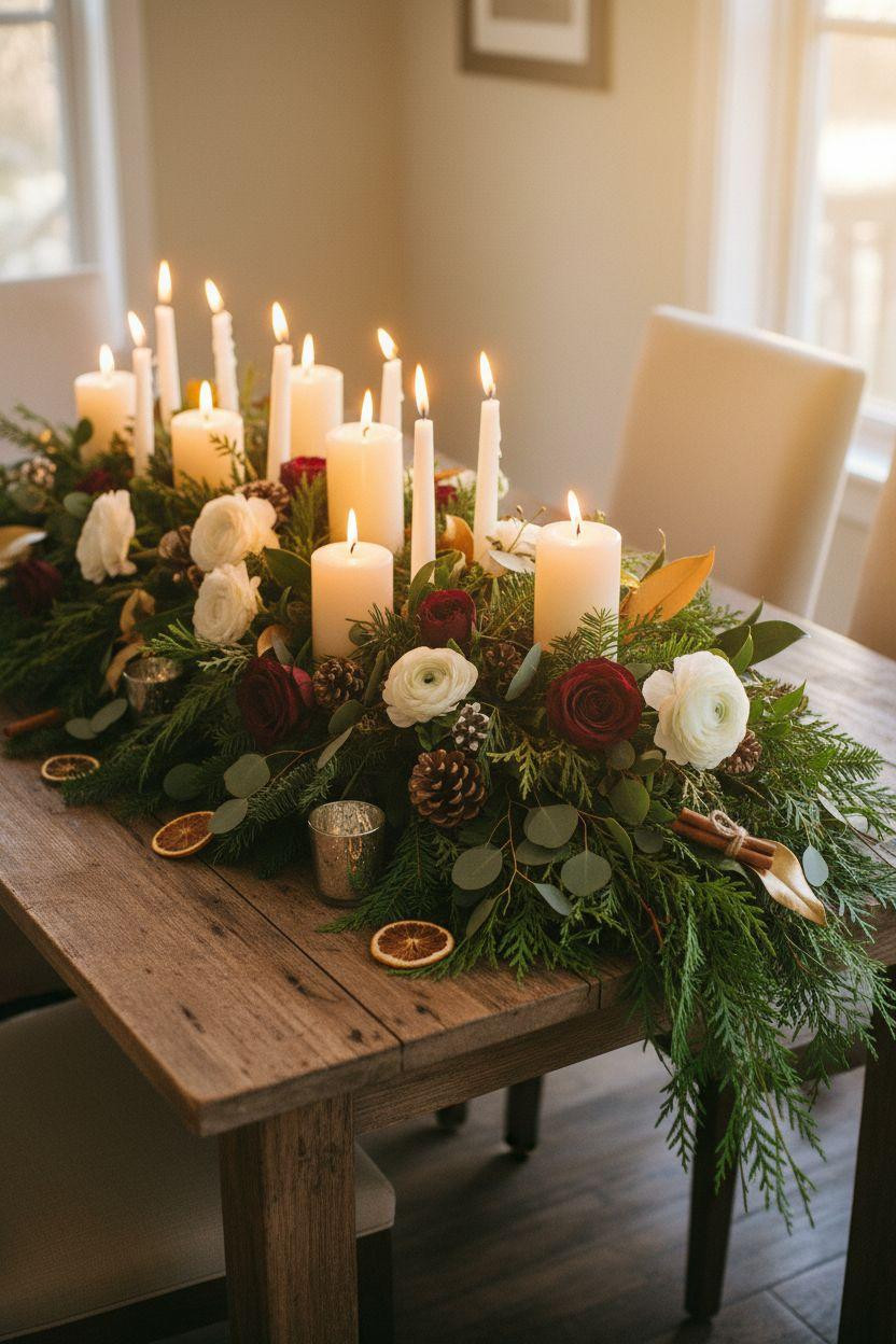 Holiday centerpieces for tables with generous greenery arrangement