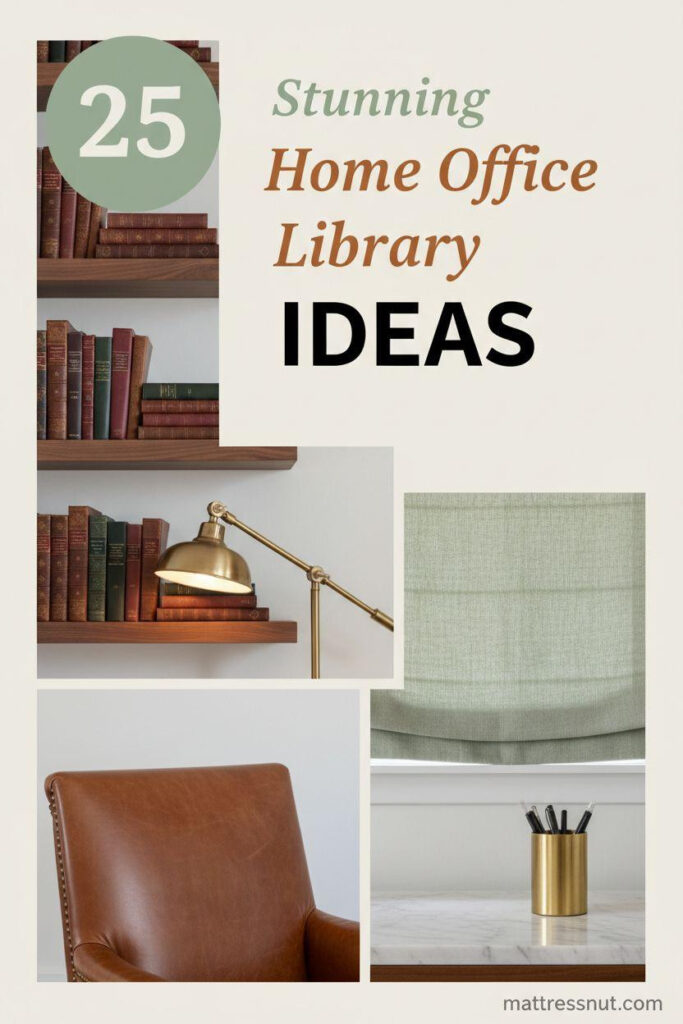 Pinterest board cover featuring a sage green badge with '25', elegant text overlay 'Stunning Home Office Library IDEAS', and collage of walnut shelves with books, brass desk lamp, sage green roman shade, cognac leather chair, and marble desk with brass accents in warm neutral palette.