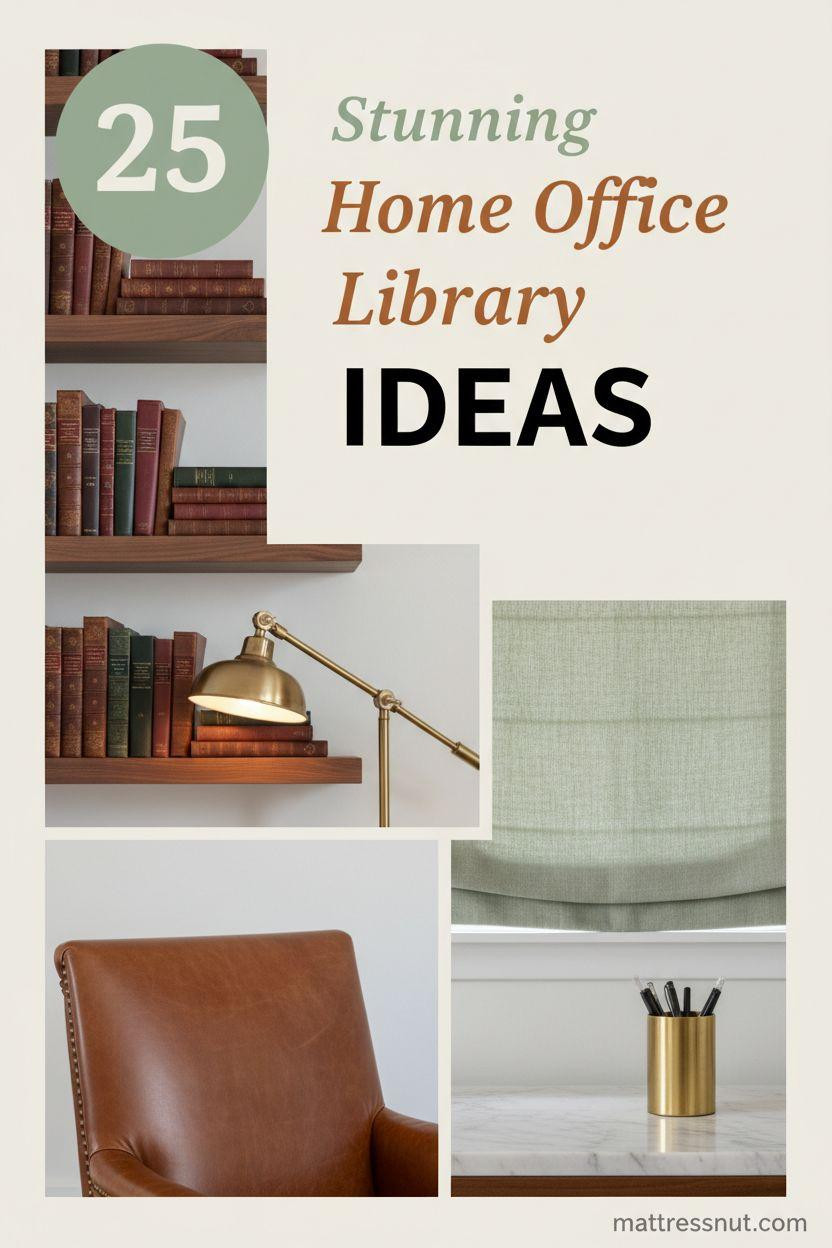 Pinterest board cover featuring a sage green badge with '25', elegant text overlay 'Stunning Home Office Library IDEAS', and collage of walnut shelves with books, brass desk lamp, sage green roman shade, cognac leather chair, and marble desk with brass accents in warm neutral palette.