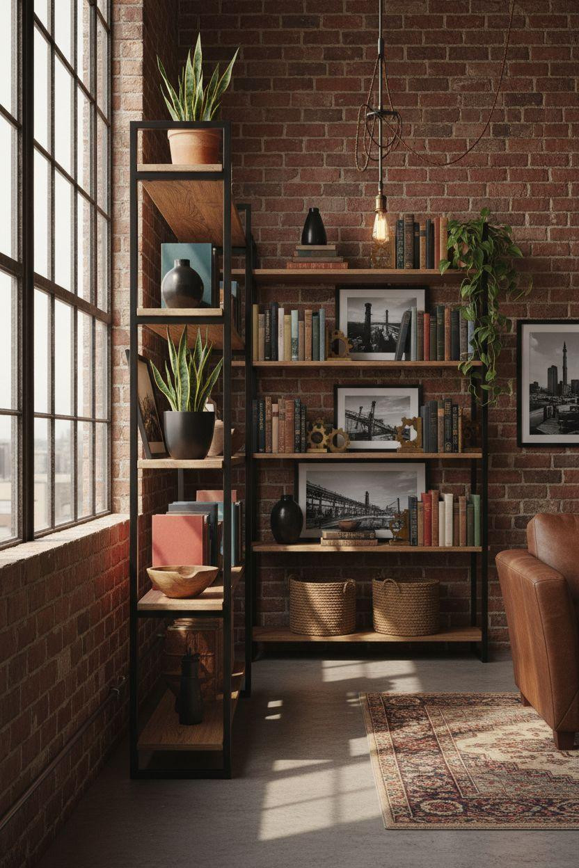 Bookshelf living room with industrial black metal shelves and brick wall