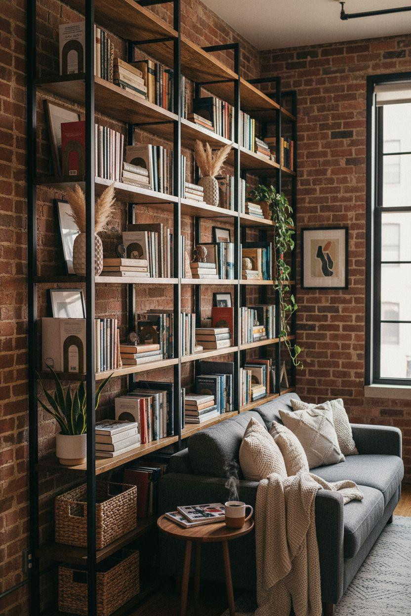 Bookshelf living room with industrial metal shelving and exposed brick
