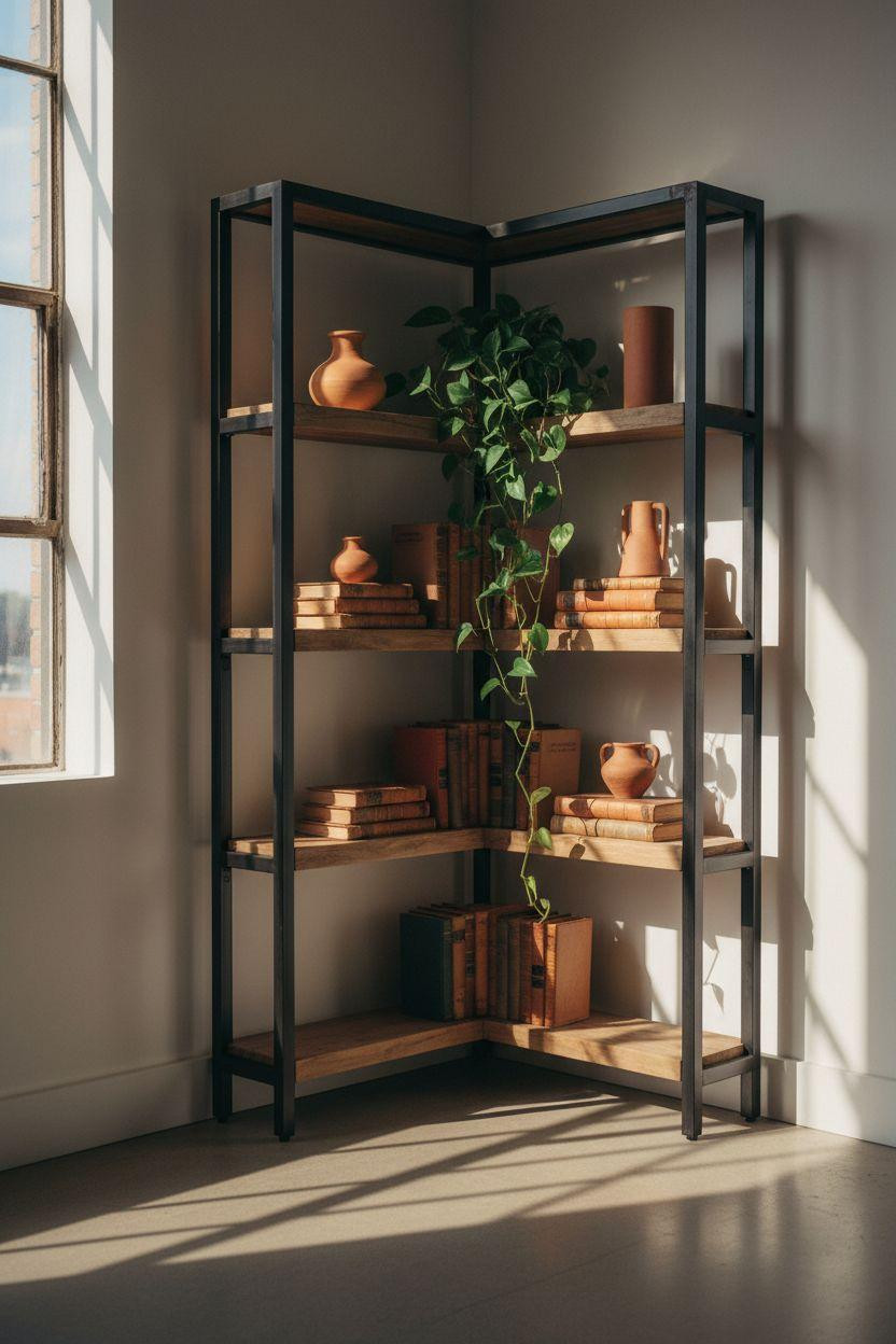 Corner bookshelf - industrial steel and reclaimed wood in loft