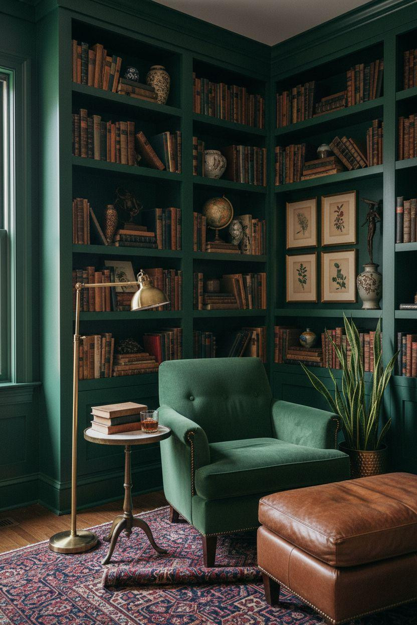 Home Library Rooms Ideas - hunter green walls with emerald velvet chair