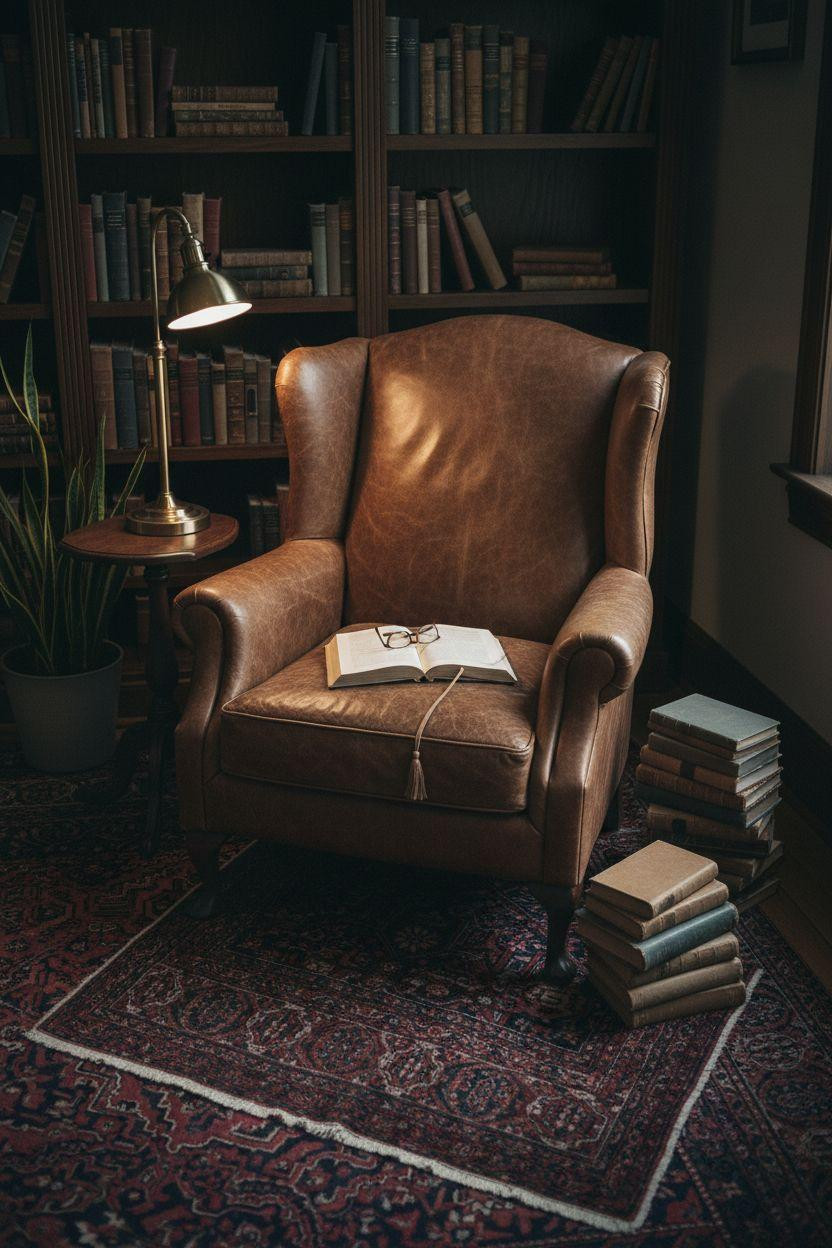 Home Library Rooms Ideas - cozy reading corner with cognac leather chair and stacked books