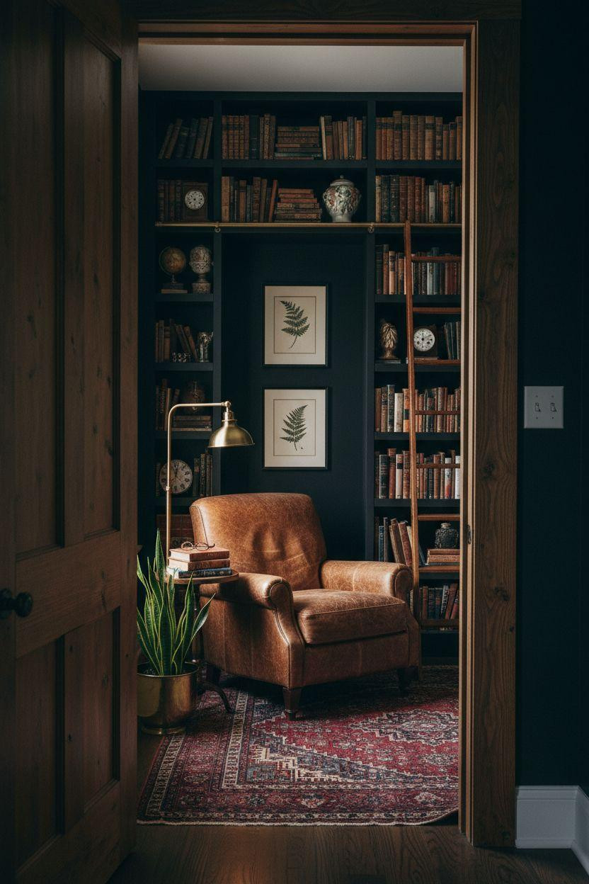 Small Home Library Ideas - dark moody library nook