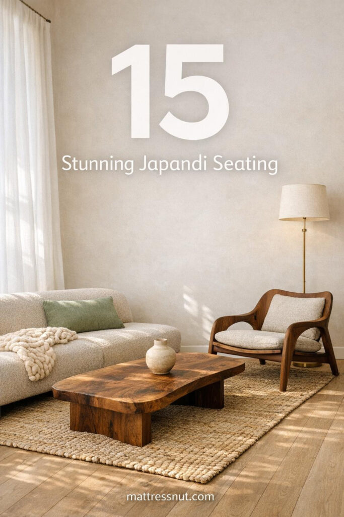 Minimalist Japandi living room with low-profile oatmeal boucle sofa, sculptural walnut lounge chair, handwoven jute rug, live-edge coffee table, natural morning light through sheer linen curtains, sage pillow, wool throw, and brass lamp. Subtle overlay: 15 Stunning Japandi Seating.