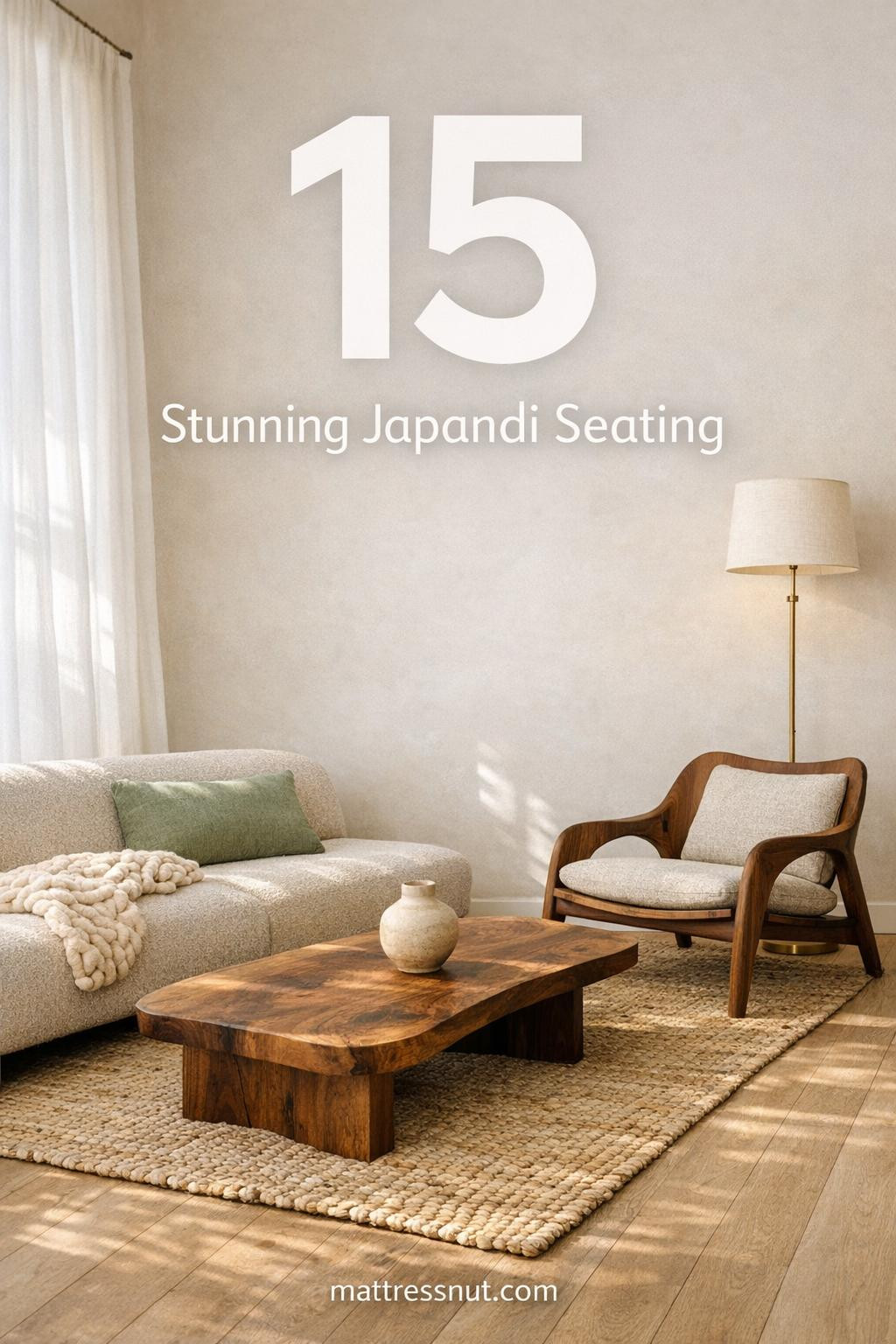 Minimalist Japandi living room with low-profile oatmeal boucle sofa, sculptural walnut lounge chair, handwoven jute rug, live-edge coffee table, natural morning light through sheer linen curtains, sage pillow, wool throw, and brass lamp. Subtle overlay: 15 Stunning Japandi Seating.