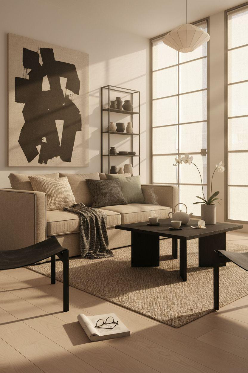 Living room seating shot from floor level with book detail