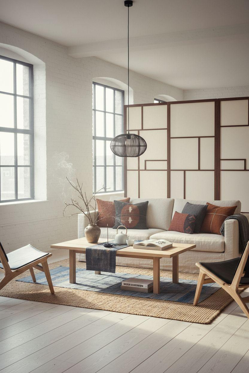 Living room seating with Japanese screens and blue rug