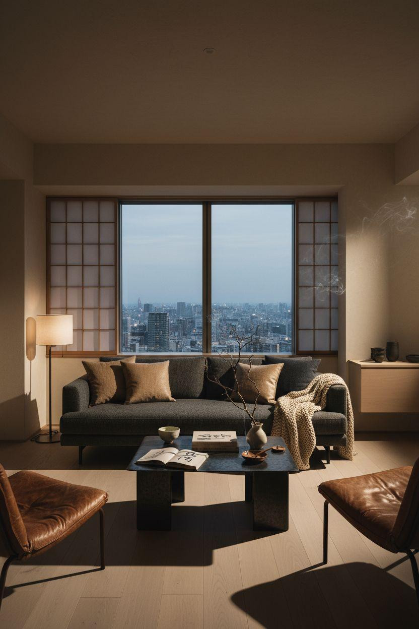 Living room seating with evening light and shadow lines
