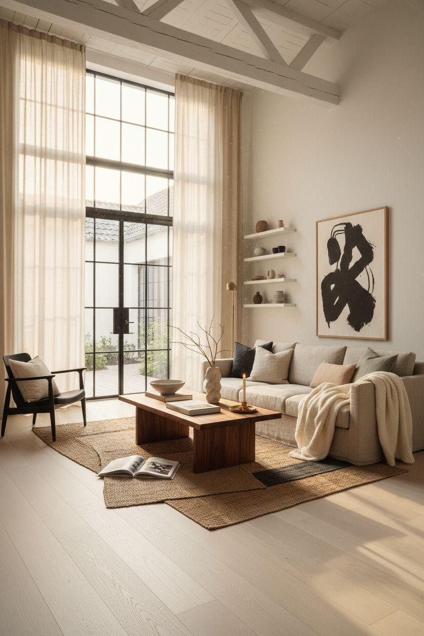 Living room seating with tall ceilings and black artwork