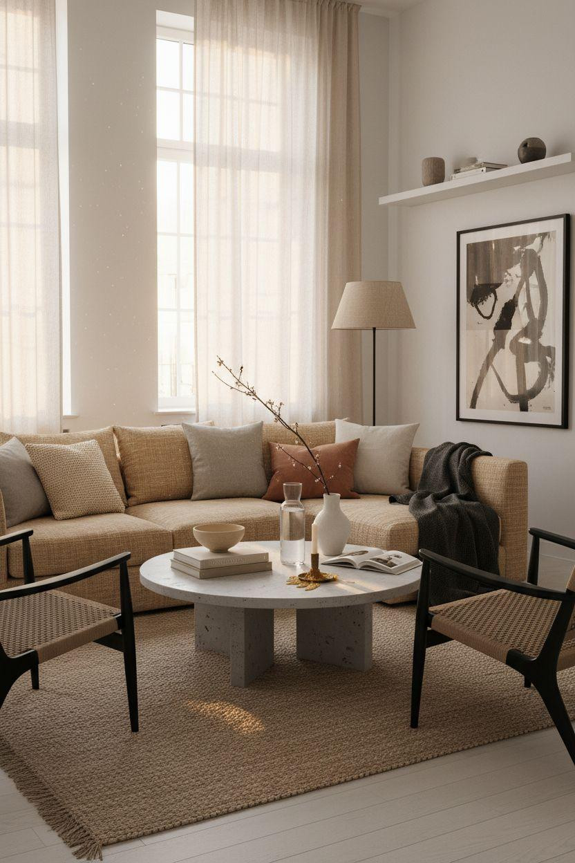 Living room seating with neutral cushions and stone table
