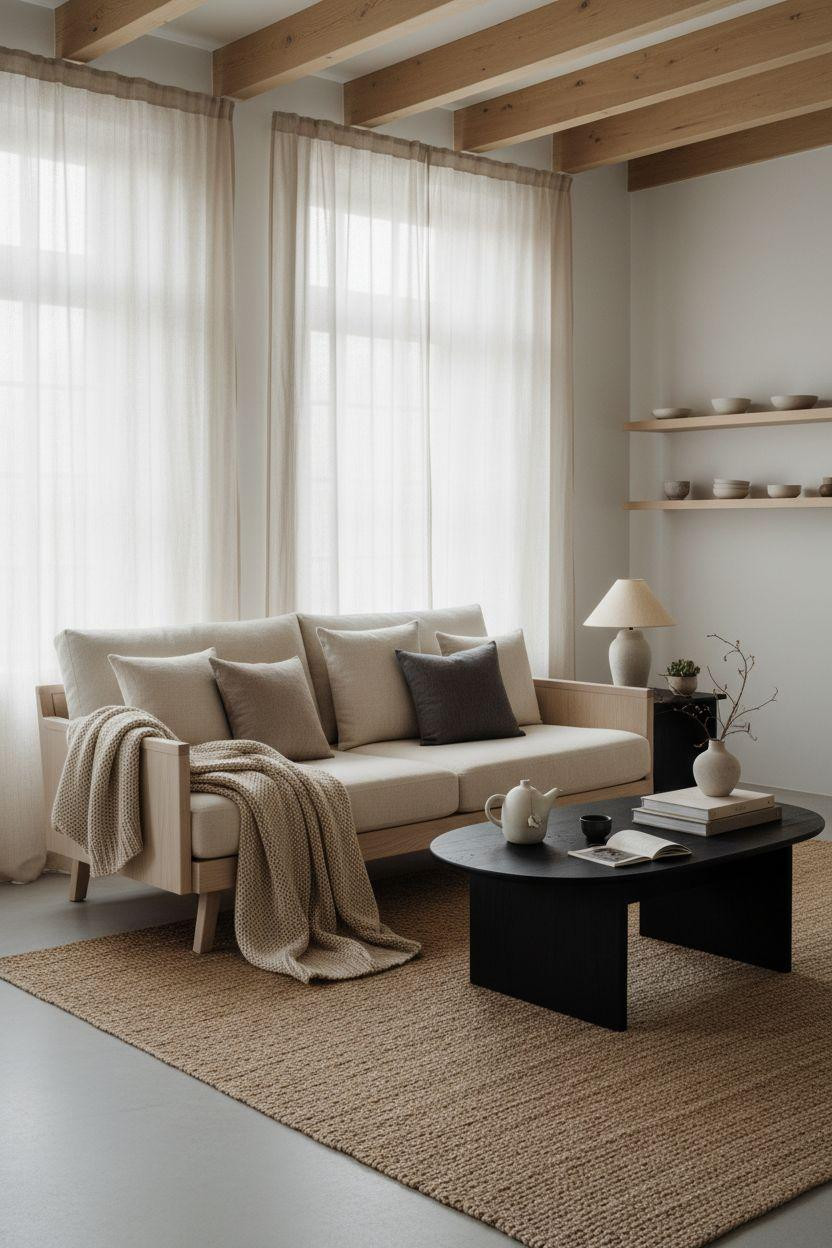 Living room seating in small loft with neutral textiles