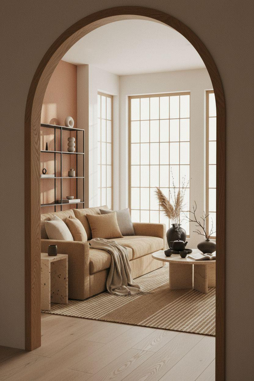 Living room seating seen through arched wooden doorway