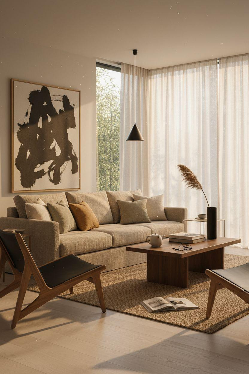 Living room seating bathed in warm afternoon sunlight