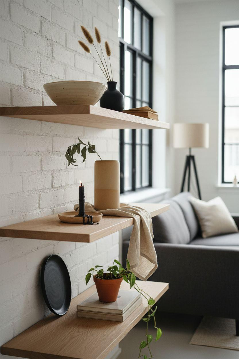 Living room seating with floating shelves and neutral sofa
