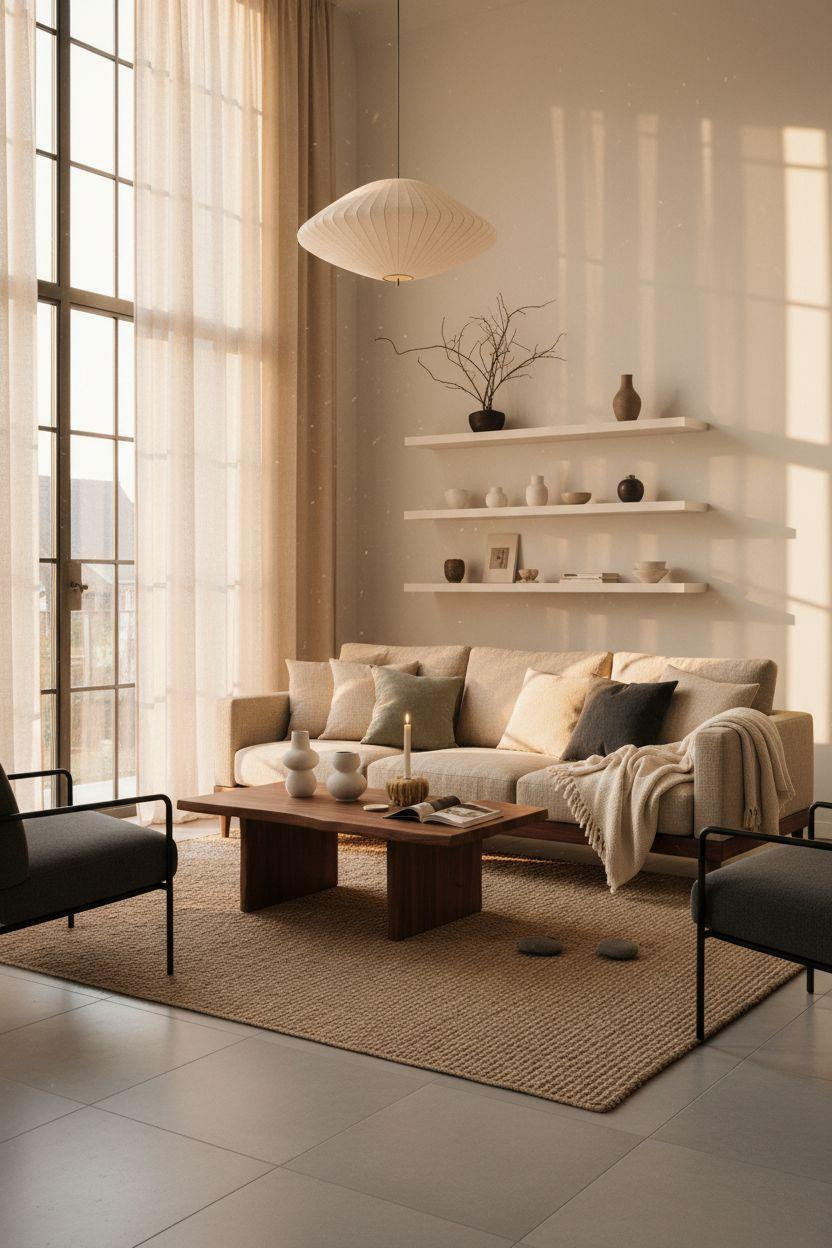 Living room seating with patterned wood floor and natural edge table