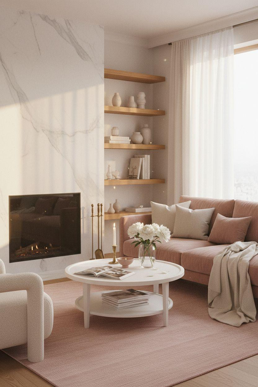Living Room Bloxburg - blush sofa with marble fireplace and oak shelves