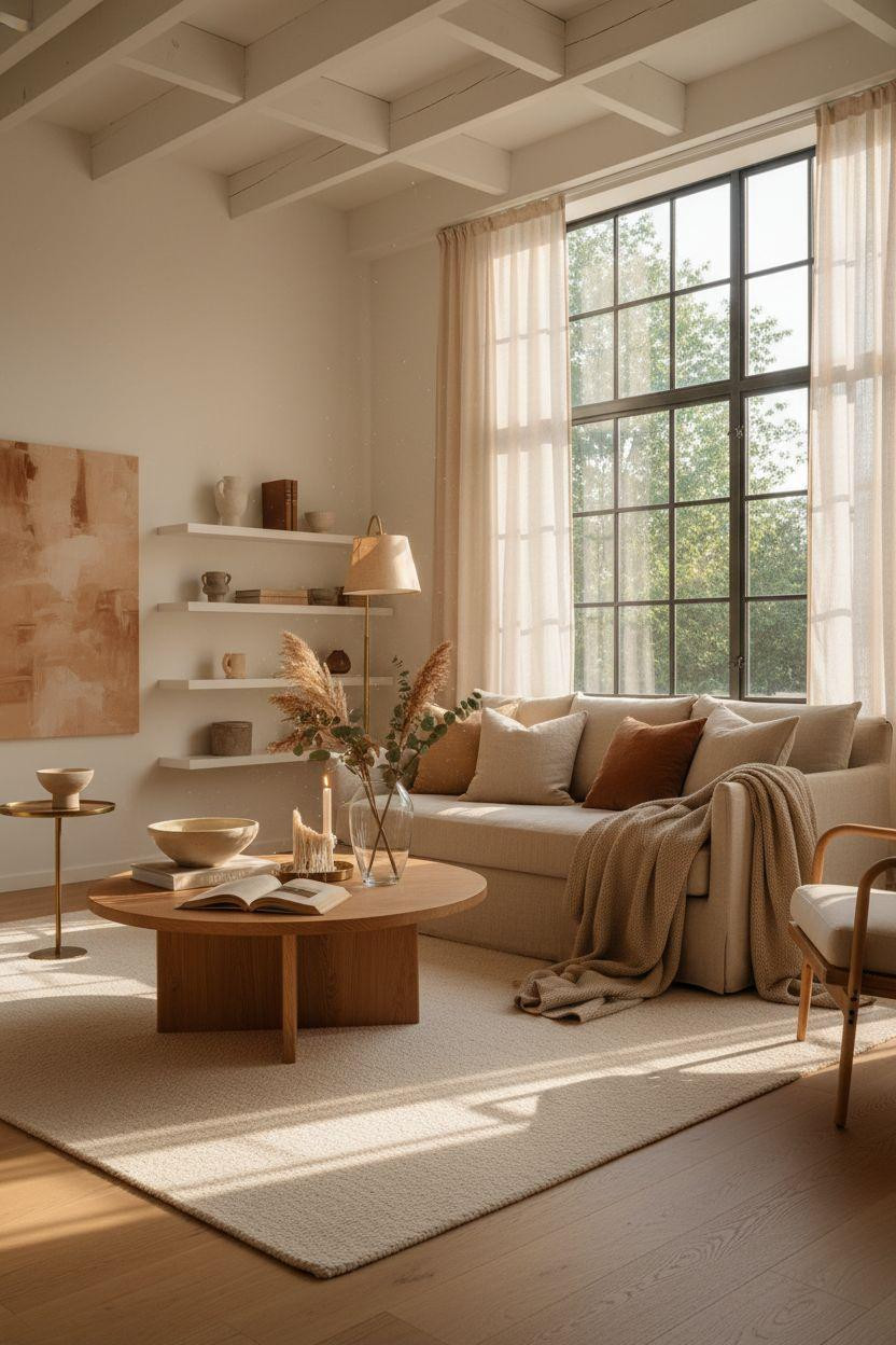 Living Room Bloxburg - ivory linen sofa with honey oak furniture