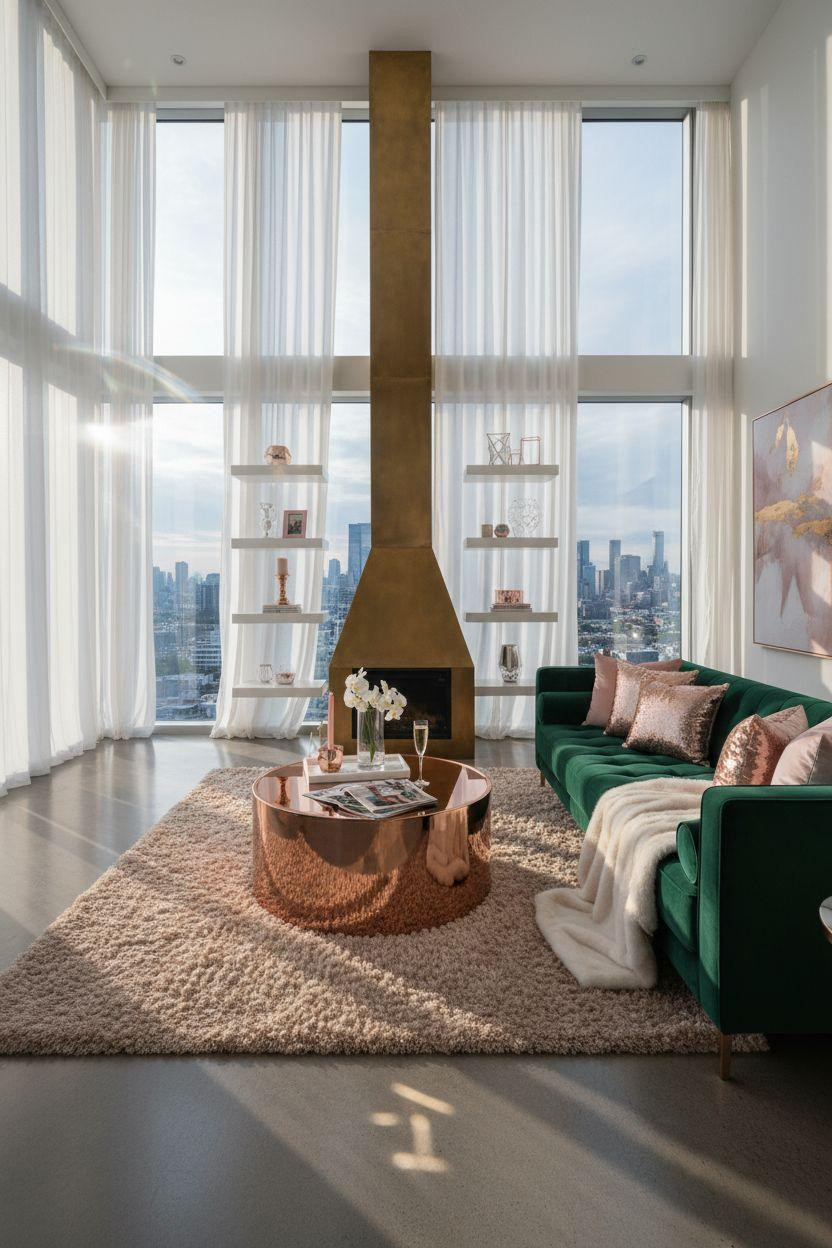 Living Room Bloxburg - emerald green sofa with rose gold coffee table