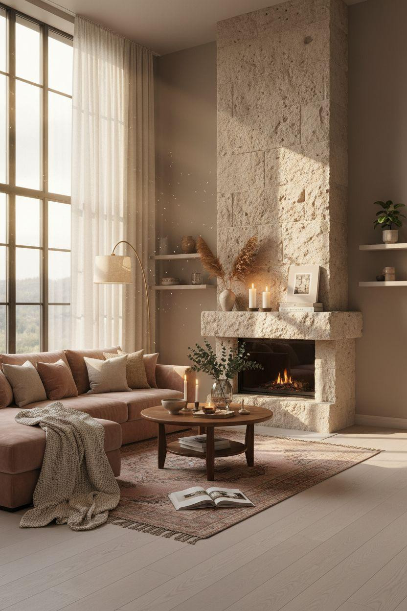 Living Room Bloxburg - rough limestone fireplace with blush modular sofa
