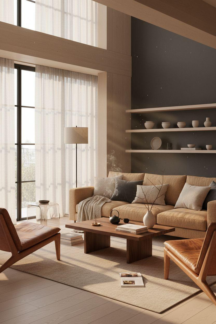 Living room seating with dark feature wall and wood tones